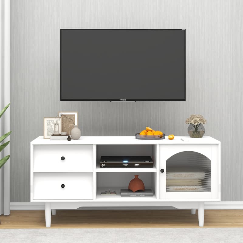 White Wood TV Stand for TVs up to 55", Entertainment Center w/ Doors